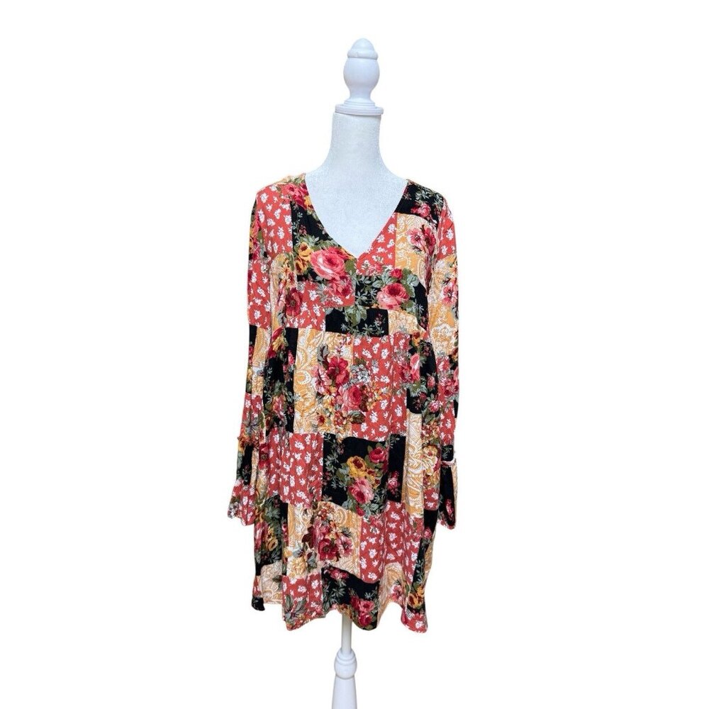 Andrée by Unit Boho Patchwork Floral Dress L Bell Sleeve